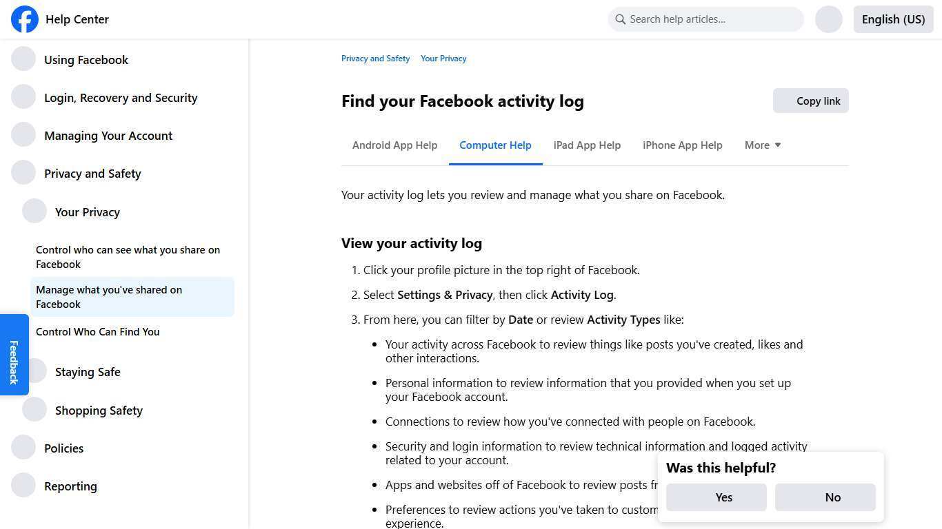 Find your Facebook activity log | Facebook Help Center