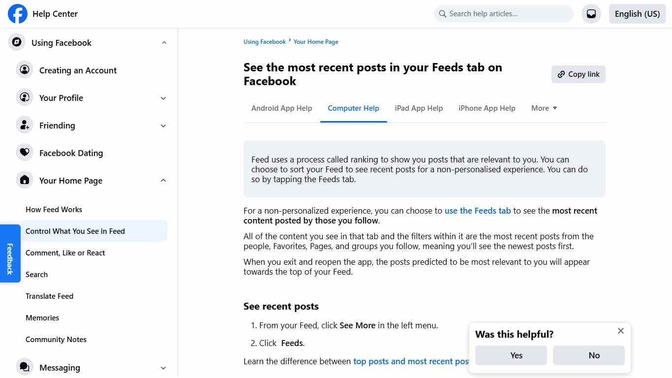 See the most recent posts in your Feeds tab on Facebook | Facebook Help Center